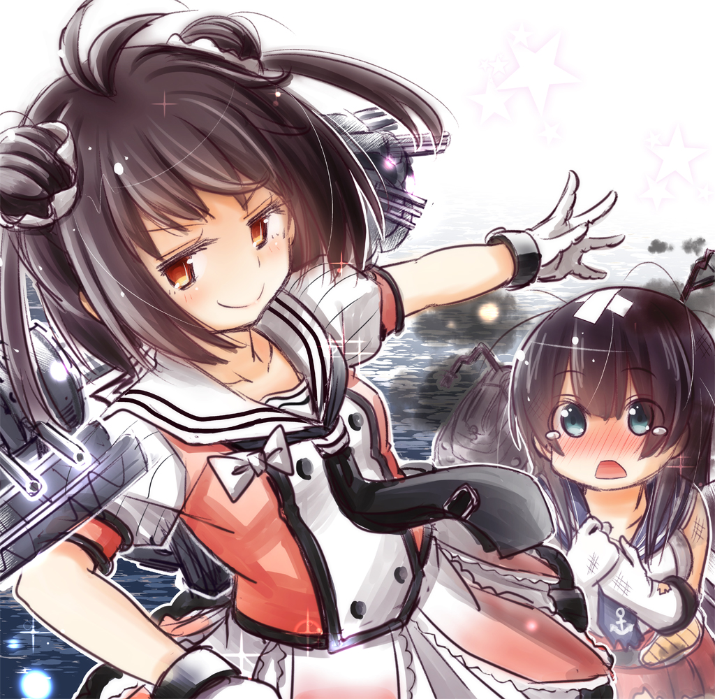 2girls agano_(kantai_collection) antenna_hair bandaid black_hair blush bow breasts brown_eyes brown_hair collarbone commentary_request crying crying_with_eyes_open dated double_bun frilled_skirt frills fujisaki_yuu_(faint_wistaria) gloves green_eyes hair_between_eyes kantai_collection long_hair looking_at_viewer machinery multiple_girls naka_(kantai_collection) neckerchief necktie nose_blush ocean open_mouth outstretched_arm pleated_skirt remodel_(kantai_collection) school_uniform serafuku short_sleeves skirt sleeveless smile smoke sparkle star tears torn_clothes turret water weapon white_bow white_gloves