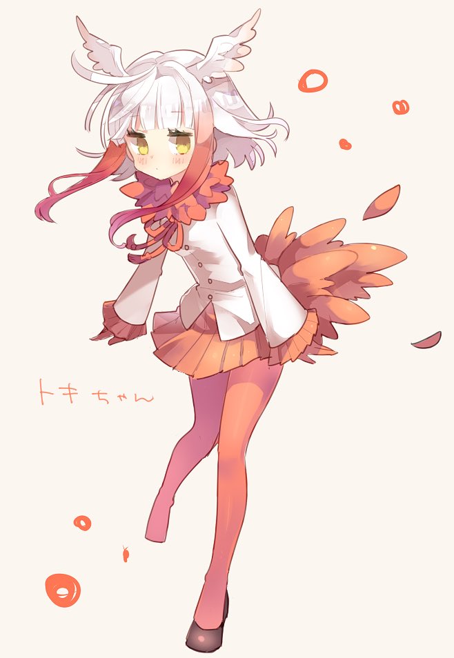 1girl :| arms_at_sides bangs bird_tail bird_wings black_footwear black_shoes blunt_bangs blush buttons character_name closed_mouth collar commentary_request crested_ibis_(kemono_friends) drawstring expressionless eyebrows_visible_through_hair eyelashes feathers floating_hair frilled_sleeves frills full_body fur_collar gloves gradient_hair hamomooo head_wings jitome kemono_friends leg_lift long_sleeves looking_to_the_side multicolored_hair pantyhose pink_background pleated_skirt red_gloves red_legwear red_skirt redhead shirt shoes short_hair short_hair_with_long_locks simple_background single_shoe skirt solo standing standing_on_one_leg tail two-tone_hair white_hair white_shirt wide_sleeves wind wings yellow_eyes