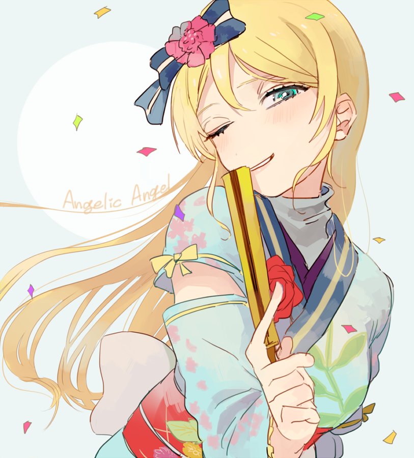 1girl angelic_angel ayase_eli bangs blush bow chinese_clothes fan green_eyes hair_bow hair_ornament long_hair love_live! love_live!_school_idol_project lyc13 one_eye_closed smile solo