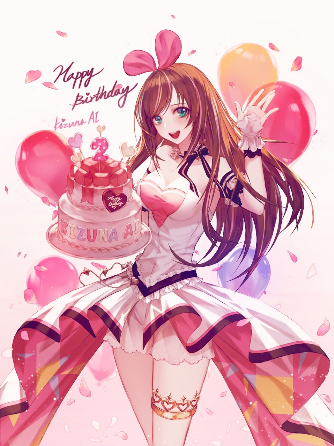 :d a.i._channel armlet balloon bangs bare_shoulders birthday birthday_cake black_bow bow breasts cake cheule_(classic_t) cleavage dress food green_eyes hairband hand_up happy_birthday highres holding_cake jewelry kizuna_ai lace legband medium_breasts multicolored_hair open_mouth pink_bow pink_hairband pink_ribbon ribbon shirt sleeveless sleeveless_dress sleeveless_shirt smile streaked_hair swept_bangs thigh_strap two-tone_hair virtual_youtuber white_dress
