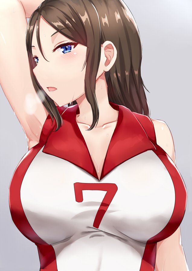 1girl alternate_costume arm_up armpits bangs black_hair blue_eyes breasts breath girls_und_panzer grey_background hair_between_eyes homewrecker large_breasts long_hair looking_at_viewer nonna parted_lips red_shirt shirt sleeveless sleeveless_shirt solo sportswear standing sweat swept_bangs upper_body volleyball_uniform