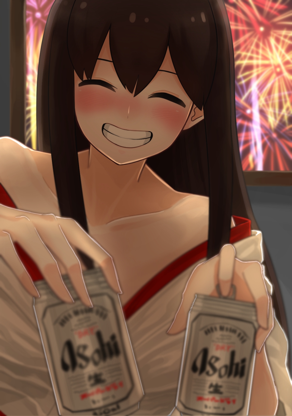 1girl akagi_(kantai_collection) alcohol beer beer_can blush brown_hair can closed_eyes cross-counter_(screw_upper) fireworks highres holding holding_can japanese_clothes kantai_collection long_hair off_shoulder smile solo