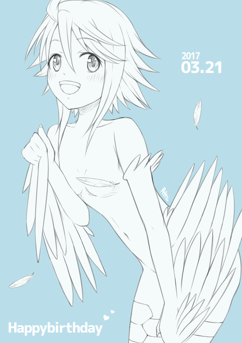 1girl 2017 :d ahoge blue_background blush breasts convenient_censoring cowboy_shot dated eyebrows_visible_through_hair feathered_wings feathers gecotan happy_birthday harpy monochrome monster_girl monster_musume_no_iru_nichijou navel nude open_mouth papi_(monster_musume) scales short_hair signature simple_background sketch small_breasts smile solo wings