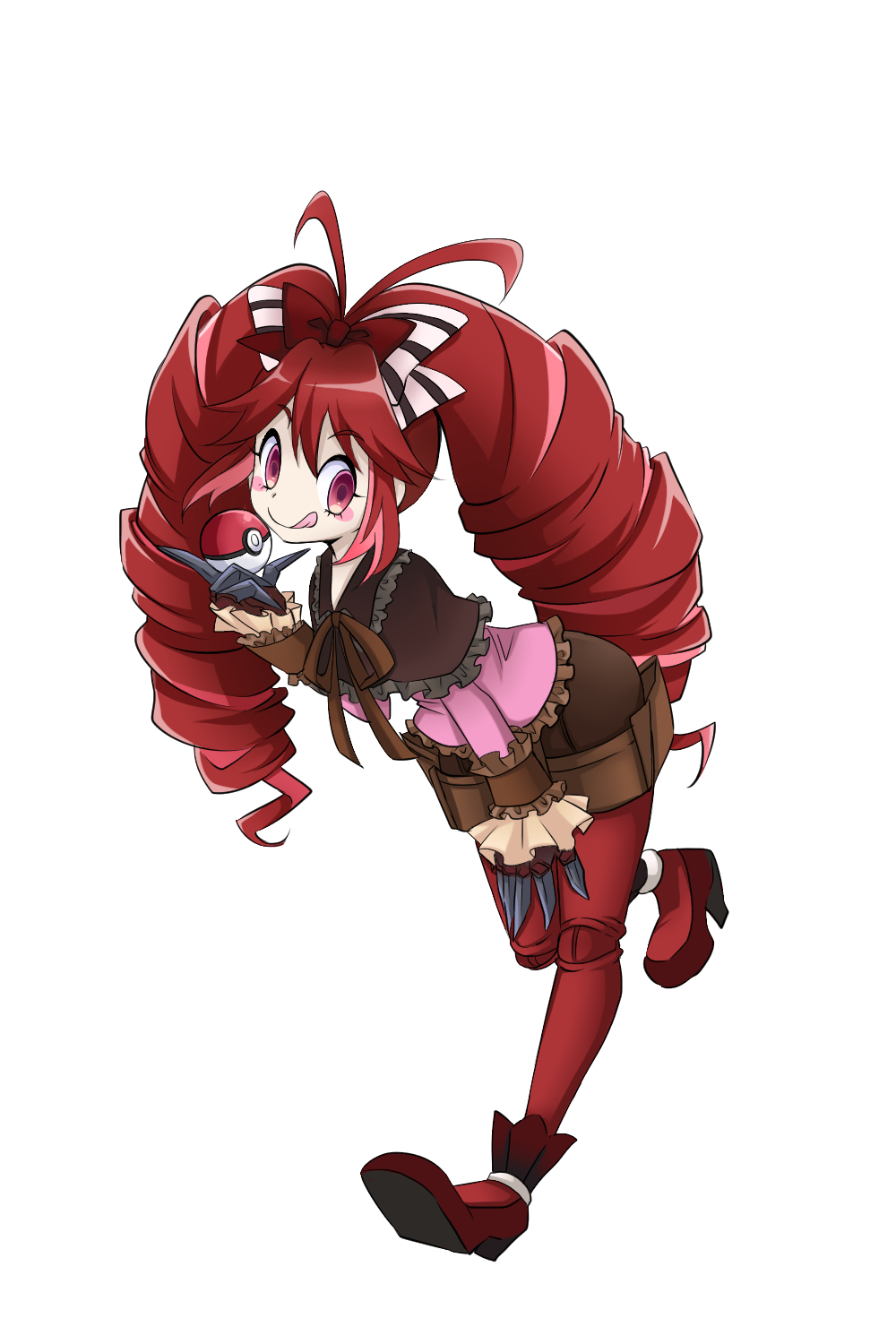 1girl :q antenna_hair blush_stickers boots bow claw_(weapon) claws drill_hair hair_bow high_heel_boots high_heels highres kiraki long_hair long_sleeves micha_jawkan red_shoes redhead senki_zesshou_symphogear sharp_teeth shoes shorts simple_background smile solo teeth tongue tongue_out twin_drills weapon white_background