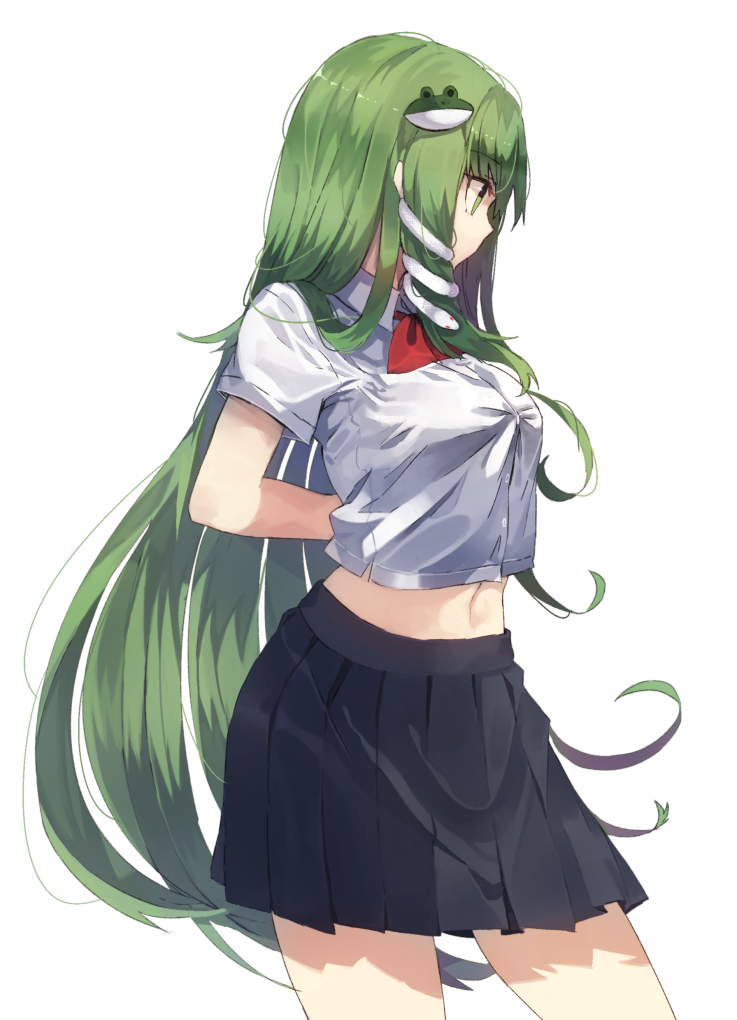1girl alternate_costume ascot bangs bei_mochi black_skirt breasts collared_shirt commentary_request contrapposto cowboy_shot crop_top crop_top_overhang frog_hair_ornament from_side green_eyes green_hair hair_ornament kochiya_sanae long_hair looking_away medium_breasts midriff miniskirt navel pleated_skirt profile school_uniform shirt short_sleeves skirt snake_hair_ornament solo touhou undersized_clothes very_long_hair white_shirt