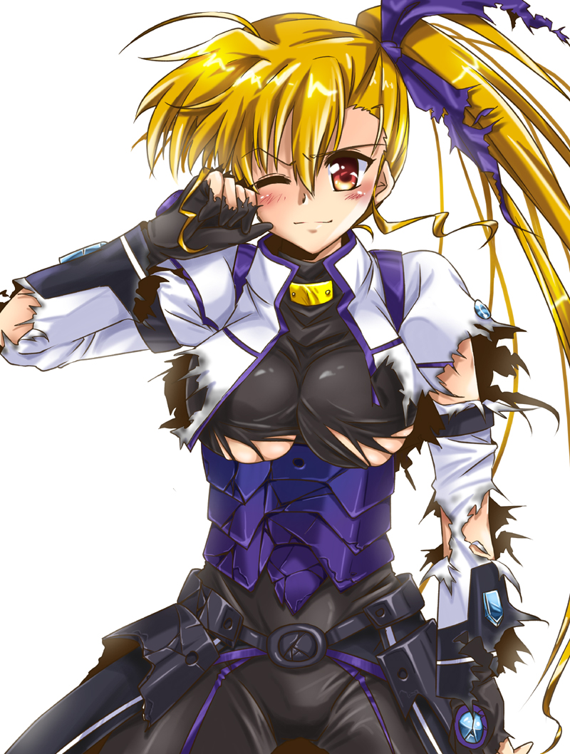 1girl armor blonde_hair bodysuit breasts broken_armor clenched_hand cowboy_shot dasuto gloves hair_ribbon large_breasts light_blush long_hair looking_at_viewer lyrical_nanoha mahou_shoujo_lyrical_nanoha_vivid older red_eyes ribbon side_ponytail simple_background smirk solo torn_bodysuit torn_clothes torn_gloves torn_jacket under_boob very_long_hair vivio white_background