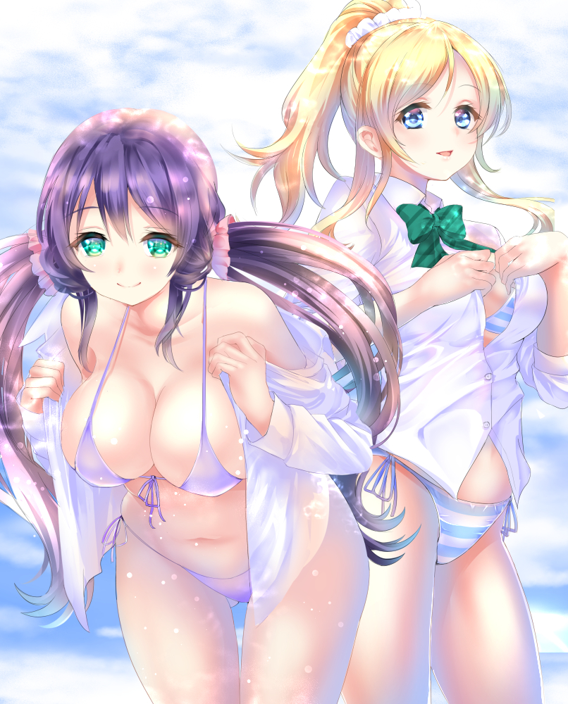 2girls aqua_eyes ayase_eli bangs bent_over bikini bikini_under_clothes blonde_hair blue_eyes blurry blush bokeh bow bowtie breasts buttons cleavage closed_mouth collarbone collared_shirt cowboy_shot day depth_of_field dress_shirt front-tie_bikini front-tie_top gluteal_fold gorua_(youce01) hair_ornament hair_scrunchie large_breasts leaning_forward long_hair looking_at_viewer love_live! love_live!_school_idol_project low_twintails multiple_girls navel no_pants open_clothes open_shirt parted_lips ponytail purple_bikini purple_hair revision school_uniform scrunchie shirt side-tie_bikini sky smile sparkle standing stomach striped striped_bikini striped_bow striped_bowtie swept_bangs swimsuit swimsuit_under_clothes thigh_gap toujou_nozomi twintails unbuttoned undressing water_drop white_shirt