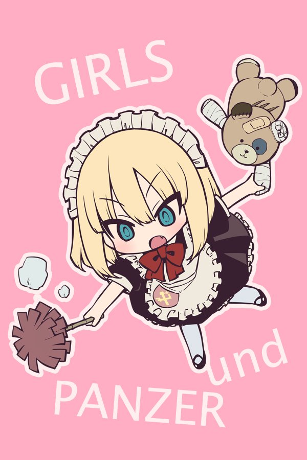 1girl apron blonde_hair blue_eyes boko_(girls_und_panzer) chibi eyebrows_visible_through_hair fang girls_und_panzer hama_chon katyusha maid maid_apron maid_headdress neck_ribbon ribbon short_hair