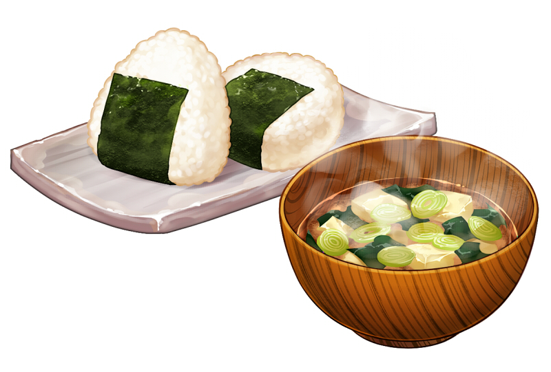 artist_request bowl commentary_request food miso_soup no_humans nori_(seaweed) onigiri original plate rice simple_background spring_onion steam tofu wakame_(seaweed) white_background