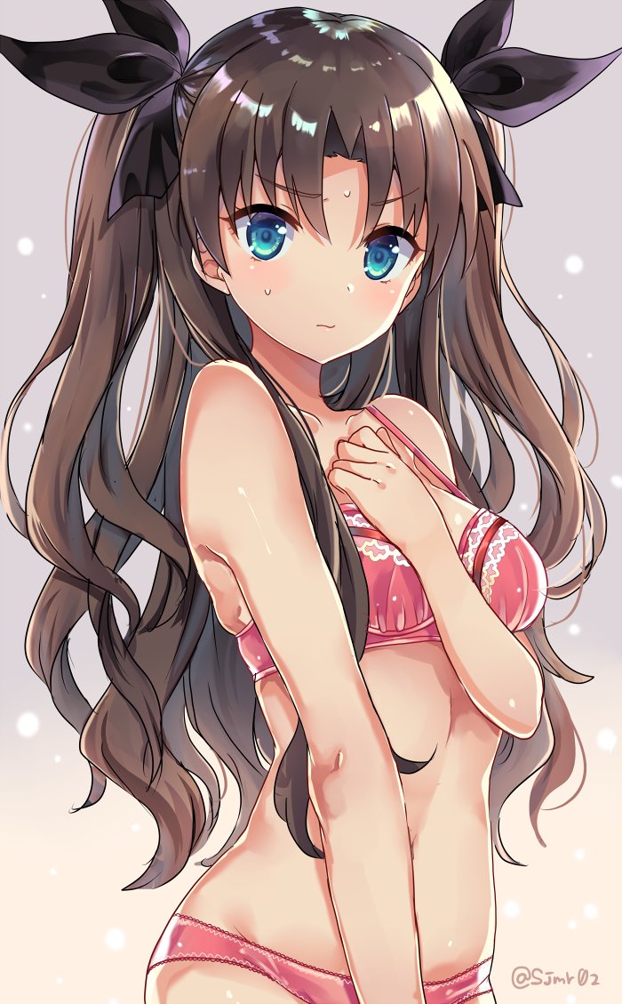 1girl bangs black_hair black_ribbon blue_eyes blush bra brown_hair covering covering_breasts fate/stay_night fate_(series) hair_ribbon long_hair looking_at_viewer panties red_bra red_panties ribbon shijima_(sjmr02) shiny shiny_hair signature solo sweat tohsaka_rin twintails twitter_username underwear underwear_only wavy_hair