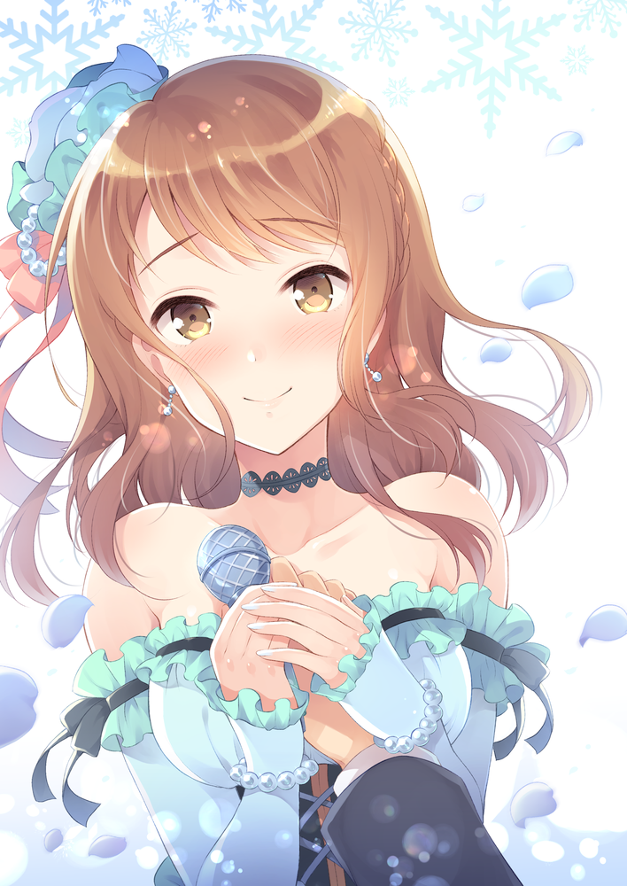 1boy 1girl bangs bare_shoulders bead_bracelet beads blush bracelet breasts brown_eyes brown_hair choker closed_mouth collarbone corset detached_sleeves earrings hand_holding hat houjou_karen idol idolmaster idolmaster_cinderella_girls jewelry komi_zumiko looking_at_viewer medium_breasts microphone nose_blush petals pov pov_hands producer_(idolmaster) smile solo_focus swept_bangs upper_body