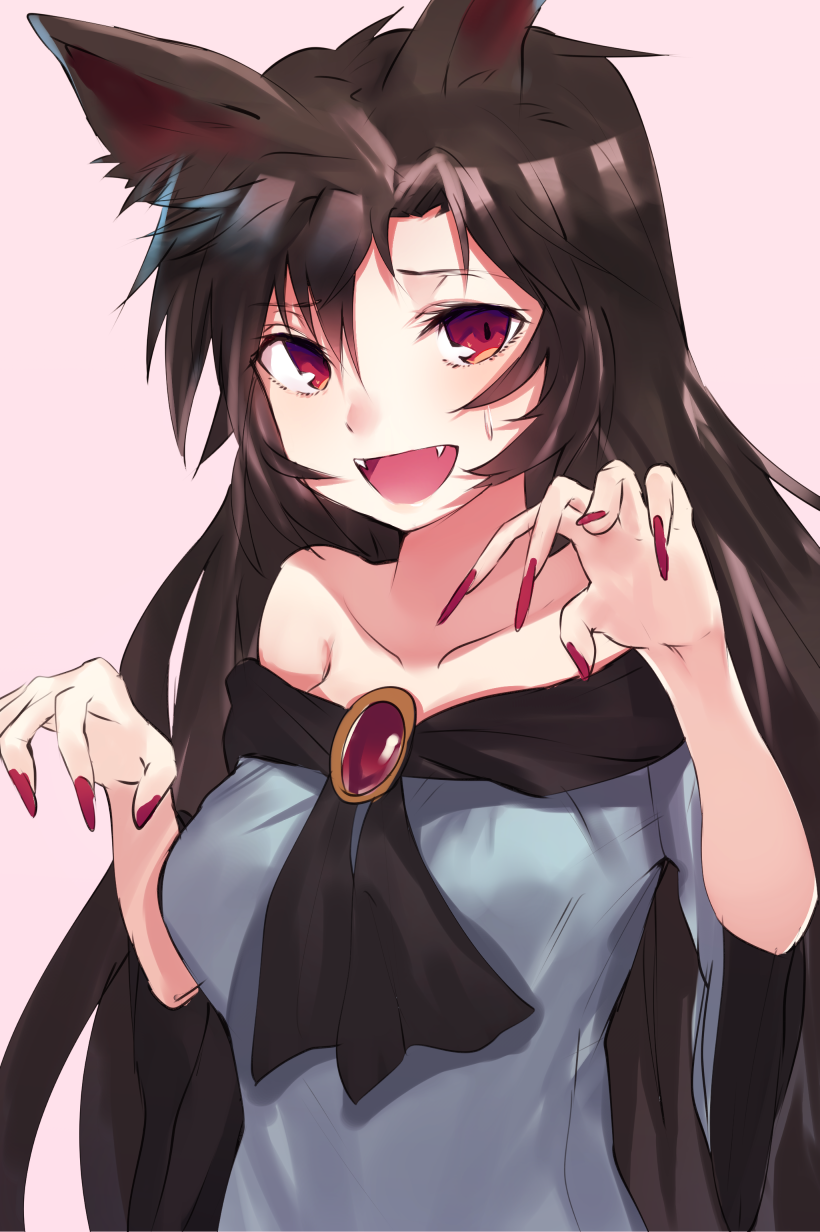 1girl animal_ears asuzemu breasts brooch brown_hair collarbone dress fangs fingernails highres imaizumi_kagerou jewelry long_fingernails long_sleeves looking_at_viewer nail_polish off_shoulder open_mouth pink_background red_eyes red_nails simple_background solo sweat touhou wide_sleeves wolf_ears