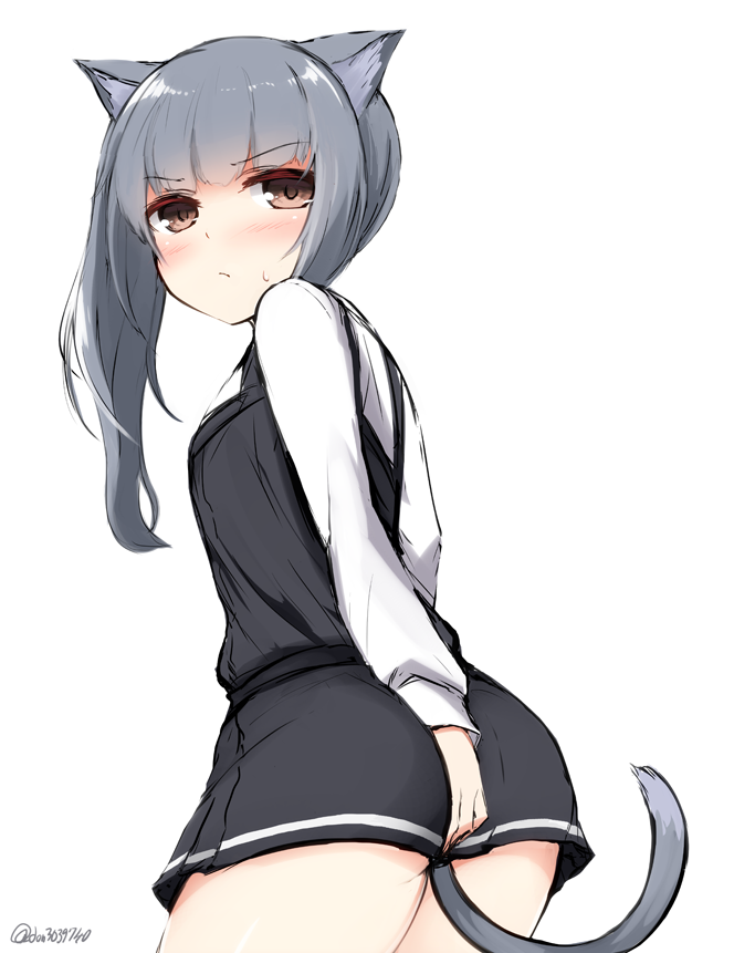 1girl animal_ears blush brown_eyes cat_ears cat_tail covering covering_ass don_(29219) dress from_behind frown grey_hair kantai_collection kasumi_(kantai_collection) kemonomimi_mode long_hair long_sleeves looking_at_viewer pinafore_dress remodel_(kantai_collection) side_ponytail simple_background solo tail twitter_username white_background