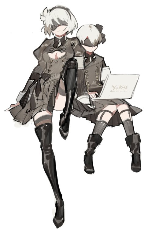 1boy 1girl black_boots black_dress black_hairband blindfold boots commentary_request computer covered_eyes dress hairband juliet_sleeves laptop long_sleeves mole mole_under_mouth nier_(series) nier_automata puffy_sleeves short_hair silver_hair starshadowmagician yorha_no._2_type_b yorha_no._9_type_s