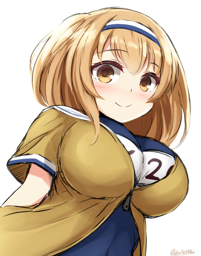 1girl breasts brown_jacket don_(29219) hairband i-26_(kantai_collection) kantai_collection large_breasts light_brown_eyes light_brown_hair long_hair new_school_swimsuit sailor_collar short_sleeves simple_background smile solo swimsuit two-tone_hairband two_side_up white_background
