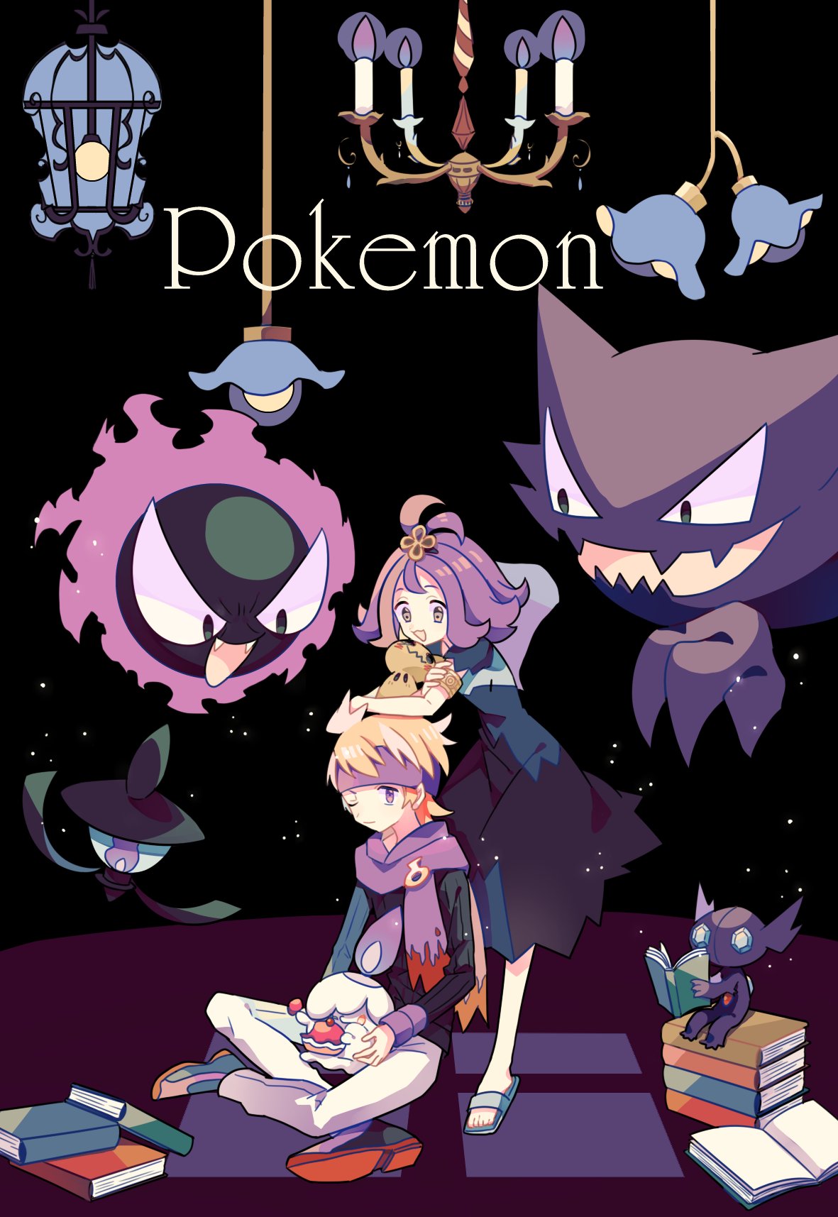 1boy 1girl acerola_(pokemon) armlet blonde_hair book chandelier dress elite_four gastly gym_leader hair_ornament half_updo haunter headband highres lampent litwick long_sleeves matsuba_(pokemon) mimikyu multicolored multicolored_clothes multicolored_dress nagatsukiariake one_eye_closed open_book open_mouth pants pokemon pokemon_(creature) pokemon_(game) pokemon_hgss pokemon_sm purple_hair purple_scarf sableye sandals scarf short_hair sitting trial_captain white_pants