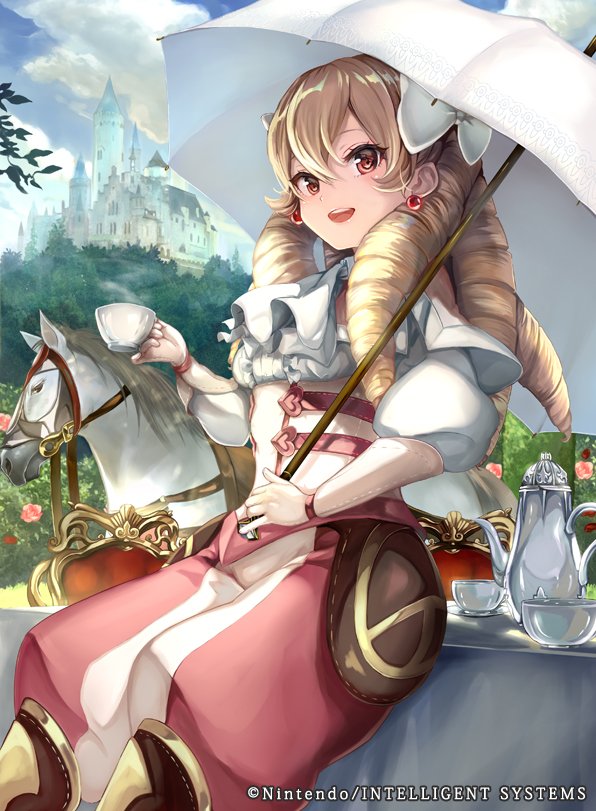 1girl bow capelet castle company_connection copyright_name cup drill_hair earrings fire_emblem fire_emblem:_kakusei fire_emblem_cipher hair_bow holding horse jewelry long_hair looking_at_viewer mariabel_(fire_emblem) official_art open_mouth outdoors pants parasol smile solo teacup teapot thigh-highs umbrella