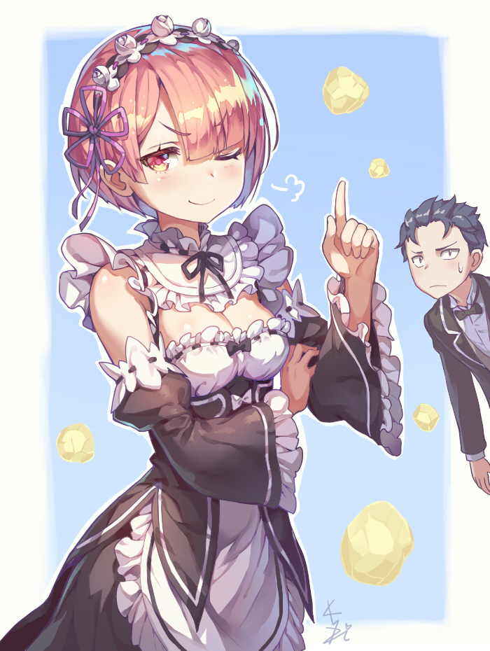 &gt;;) 1boy 1girl ;) blue_hair blush bow bowtie breasts cleavage detached_sleeves doyagao formal hair_ornament hair_over_one_eye index_finger_raised kakiman looking_at_viewer maid maid_headdress natsuki_subaru one_eye_closed pink_eyes pink_hair potato ram_(re:zero) re:zero_kara_hajimeru_isekai_seikatsu revision short_hair small_breasts smile smug suit x_hair_ornament