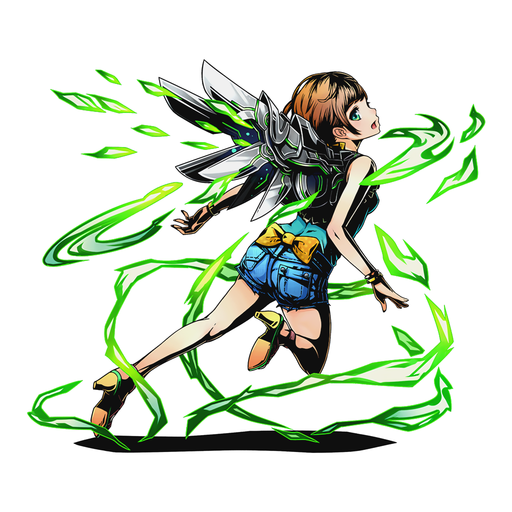 1girl anklet blue_shorts bow bracelet breasts brown_hair denim denim_shorts divine_gate full_body green_eyes high_heels jewelry looking_back official_art one_leg_raised open_mouth shadow short_hair shorts small_breasts solo transparent_background ucmm yellow_bow