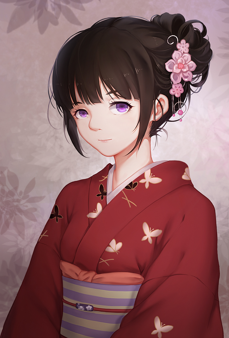 1girl animal_print brown_hair butterfly_print eyelashes floral_background flower hair_flower hair_ornament japanese_clothes kimono looking_at_viewer minhoo obi original sash solo upper_body violet_eyes