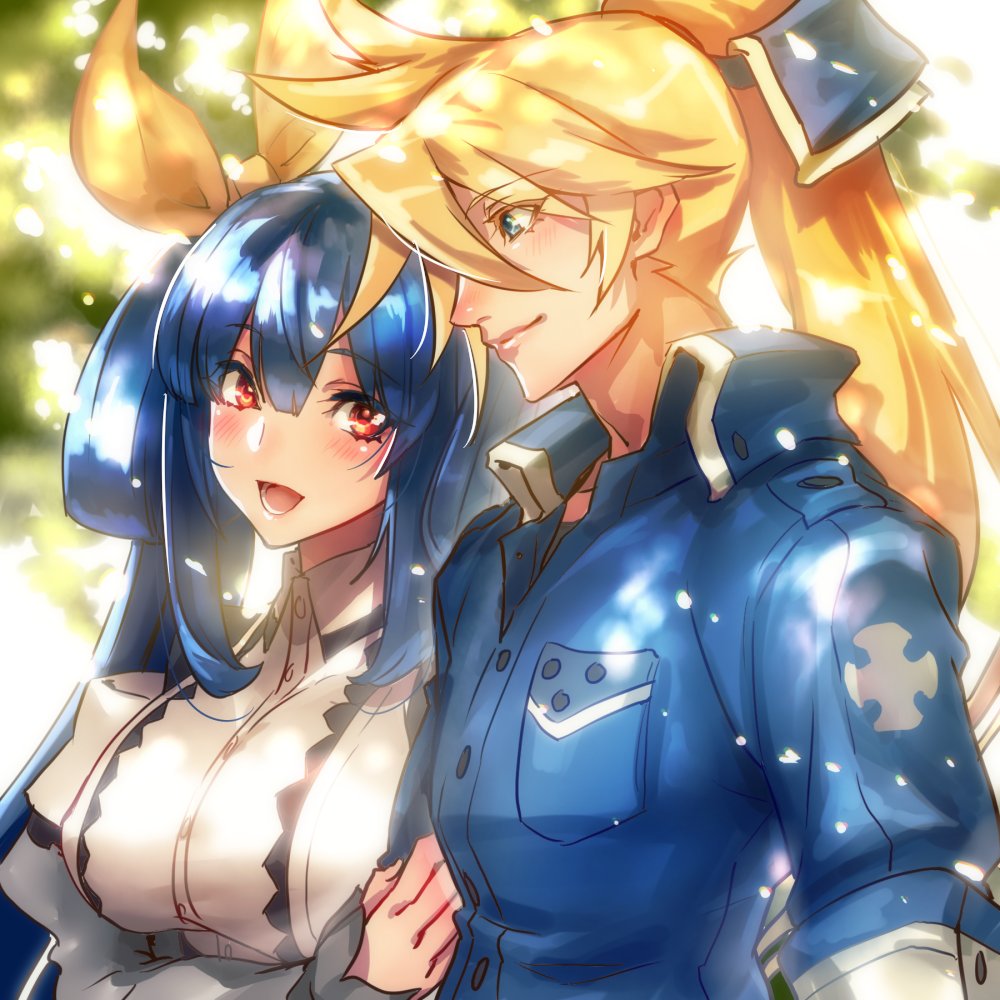 1boy 1girl blonde_hair blue_eyes blue_hair bow breasts closed_eyes couple dizzy guilty_gear guilty_gear_xrd husband_and_wife kin_mokusei ky_kiske large_breasts long_hair ponytail red_eyes ribbon shirt smile tail tail_bow tail_ribbon very_long_hair