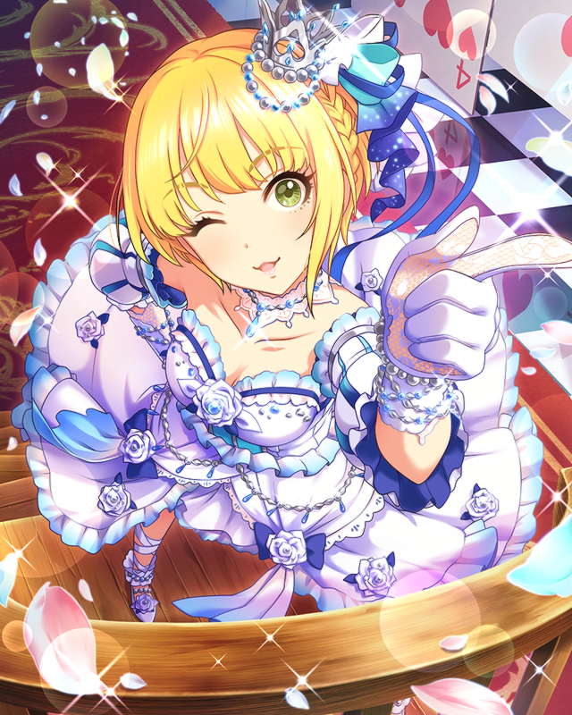 1girl alternate_costume artist_request blonde_hair checkered checkered_floor crown gloves green_eyes idolmaster idolmaster_cinderella_girls mini_crown miyamoto_frederica official_art one_eye_closed petals short_hair smile solo white_gloves