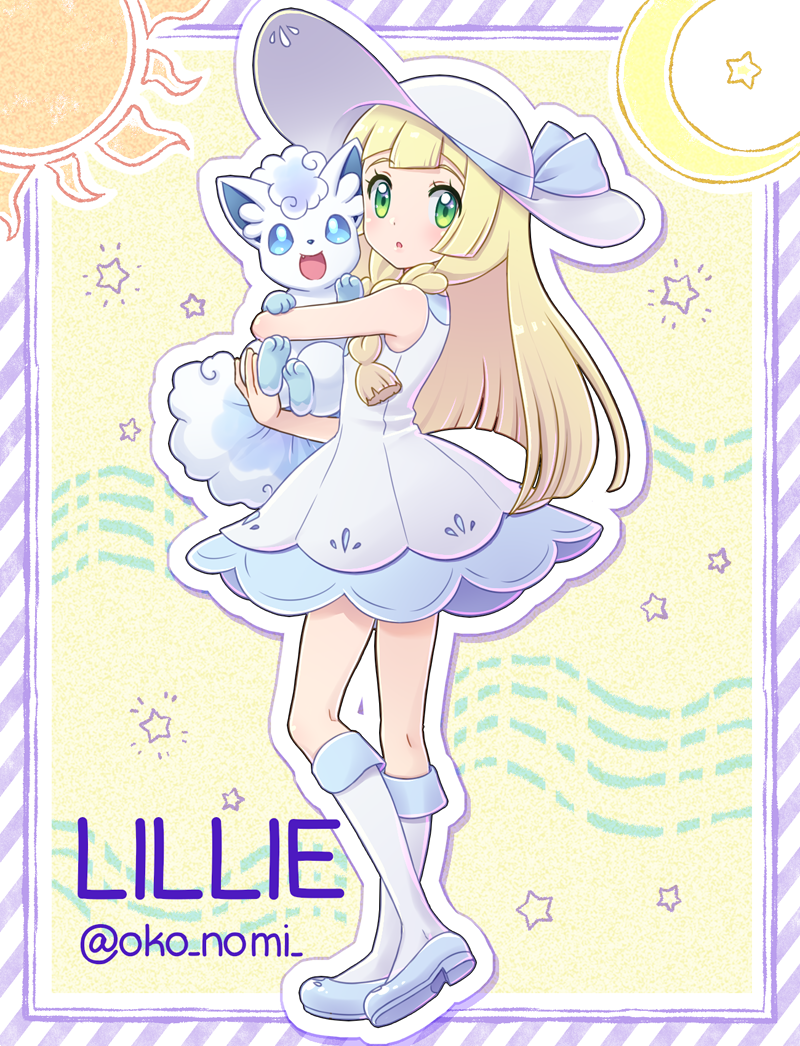 1girl alola_form alolan_vulpix blonde_hair braid character_name dress from_side green_eyes hat holding lillie_(pokemon) long_hair looking_to_the_side okonomi open_mouth pokemon pokemon_(anime) pokemon_(creature) pokemon_(game) pokemon_sm pokemon_sm_(anime) sleeveless sleeveless_dress sun_hat twin_braids twitter_username white_dress white_hat