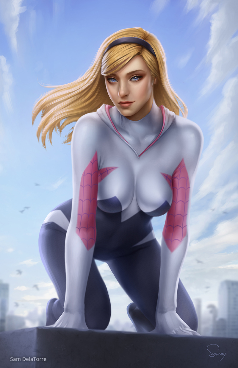 1girl all_fours artist_name bird blonde_hair blue_eyes blue_sky blurry bodysuit breasts building clouds depth_of_field gwen_stacy hairband highres hood hood_down impossible_bodysuit impossible_clothes marvel medium_breasts sam_delatore sky solo spider-gwen spider-man_(series) superhero