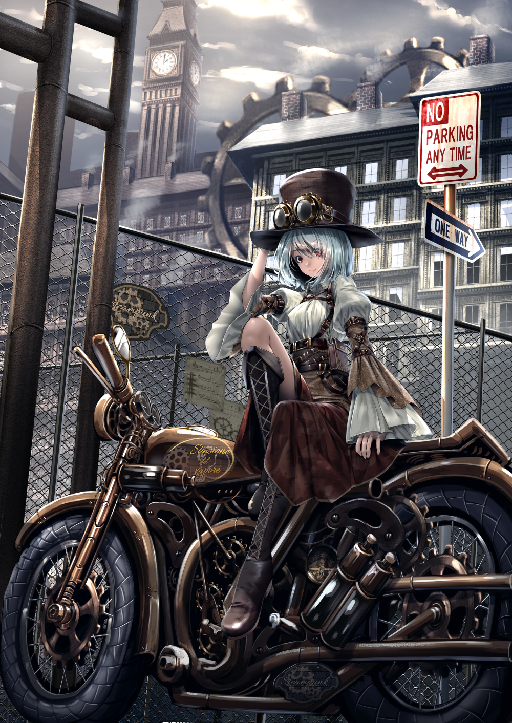 1girl analog_clock belt boots building chain-link_fence clock clock_tower clouds cloudy_sky cross-laced_footwear fence gears goggles goggles_on_headwear ground_vehicle hat highres knee_boots long_sleeves looking_at_viewer motor_vehicle motorcycle multiple_belts no_parking_sign one_leg_raised one_way_sign original outdoors pipes red_eyes road_sign ryosios short_hair sign silver_hair sitting skirt sky smile solo steampunk tagme top_hat tower wide_sleeves