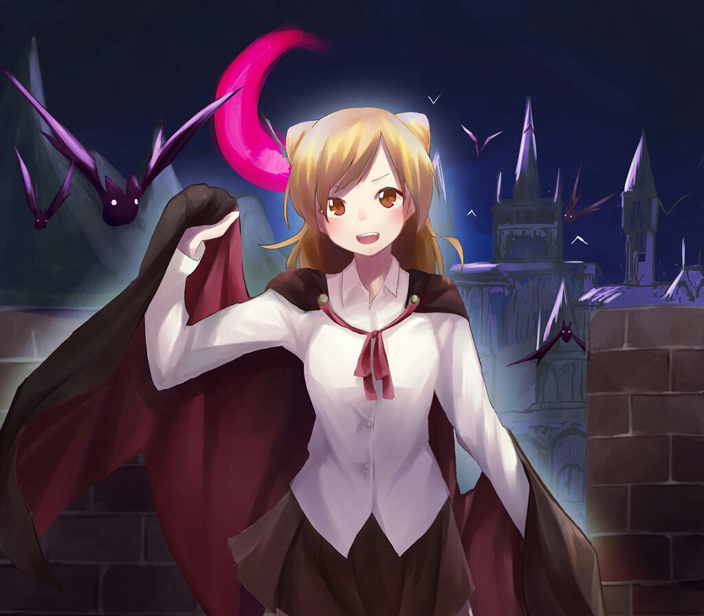 1girl :d bat blonde_hair brown_eyes cape castle crescent_moon demi-chan_wa_kataritai kuzira_(whale) looking_at_viewer moon night open_mouth red_moon smile solo standing takanashi_hikari vampire