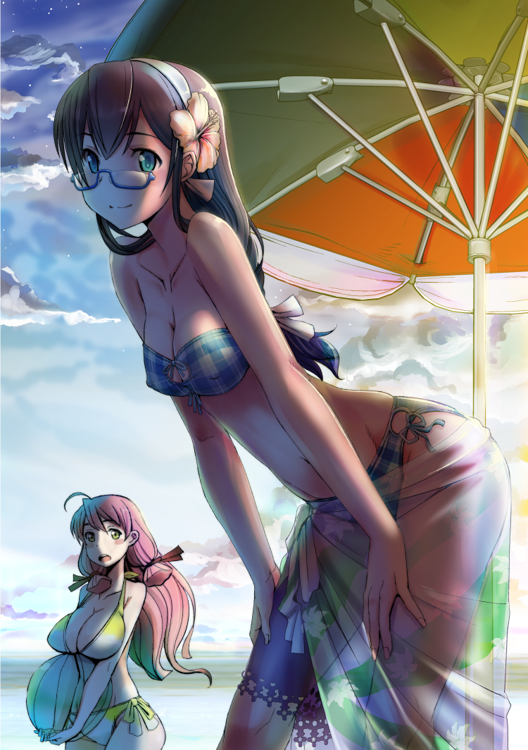 2girls :o ahoge akashi_(kantai_collection) aqua_eyes arm ball bare_arms bare_shoulders beach beachball bikini black_hair blue-framed_eyewear blue-framed_glasses braid breasts cleavage closed_mouth clouds collarbone commentary_request erect_nipples female flower green_eyes hair_flower hair_ornament hair_ribbon hairband hands_on_own_thighs hibiscus highres holding holding_ball kantai_collection large_breasts leaning leaning_forward legs long_hair looking_at_viewer medium_breasts multiple_girls neck oobayashi_mori ooyodo_(kantai_collection) open_mouth outdoors parasol pink_hair plaid plaid_bikini plaid_swimsuit red_ribbon ribbon round_teeth sarong see-through semi-rimless_glasses side-tie_bikini sky smile strapless strapless_bikini strapless_swimsuit swimsuit teeth umbrella white_hairband white_ribbon