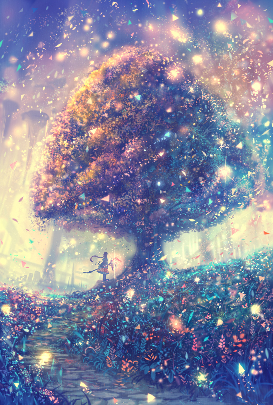 1girl ahoge backlighting boots colorful commentary fantasy flower forest grass highres light light_particles long_hair nature original robe sakimori_(hououbds) scenery skirt solo staff texture tree