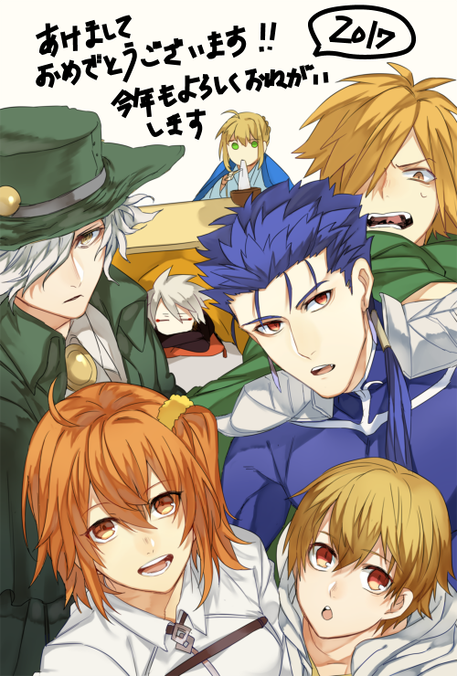 2f_sq archer_(fate/extra) blue_hair chibi edmond_dantes_(fate/grand_order) fate/apocrypha fate/grand_order fate/stay_night fate_(series) fedora food fujimaru_ritsuka_(female) gilgamesh green_eyes hat karna_(fate) lancer looking_at_viewer multiple_boys open_mouth orange_hair red_eyes saber side_ponytail sleeping smile white_background white_hair