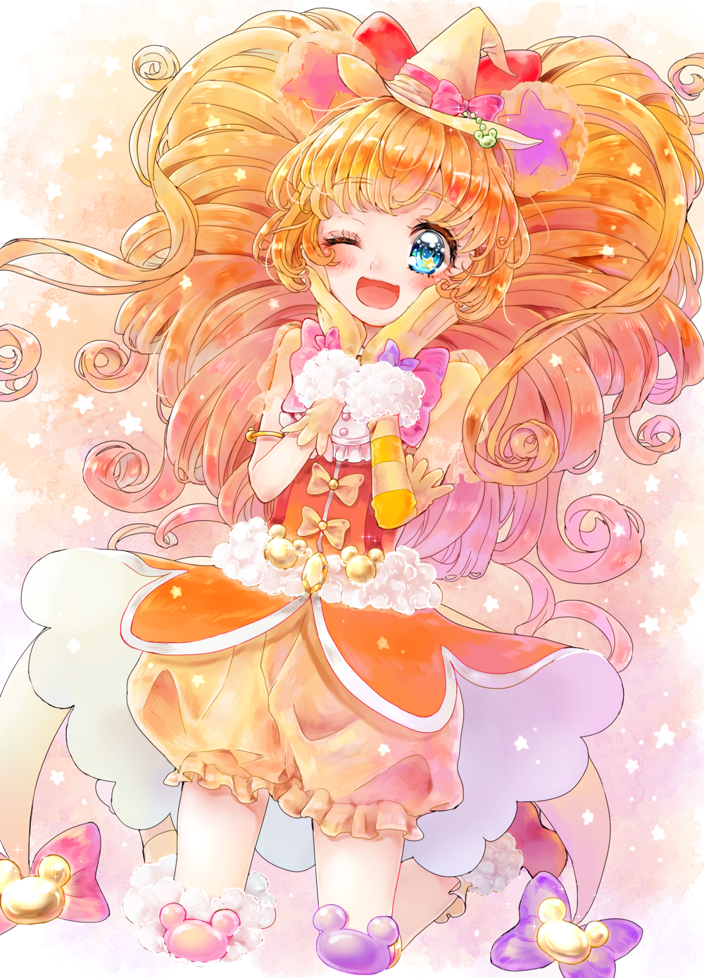 1girl ;d aki_(na_uup) animal_ears bear_ears bloomers blue_eyes bow cure_mofurun curly_hair full_body gloves hands_on_own_cheeks hands_on_own_face happy hat hat_bow highres long_hair magical_girl mahou_girls_precure! mini_hat mini_witch_hat mofurun_(mahou_girls_precure!) one_eye_closed open_mouth orange_hair personification pink_bow precure red_bow smile solo underwear witch_hat yellow_bloomers yellow_bow yellow_gloves yellow_hat