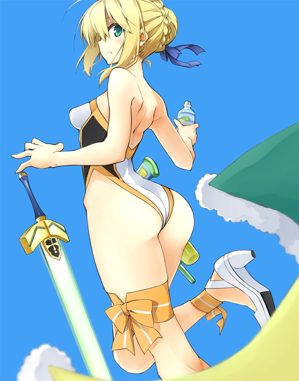 10mo 1girl ahoge aqua_eyes arm ass back bare_arms bare_back bare_shoulders blonde_hair blue_background blush bottle braid breasts cape cape_removed depth_of_field fate/stay_night fate_(series) female french_braid from_behind glowing glowing_sword glowing_weapon green_cape green_eyes hair_bun hair_ribbon high_heels highres holding holding_bottle legs looking_at_viewer looking_back medium_breasts multicolored multicolored_swimsuit one-piece_swimsuit parted_lips ribbon saber short_hair simple_background solo standing standing_on_one_leg strapless strapless_swimsuit swimsuit sword type-moon water_bottle weapon white_high_heels