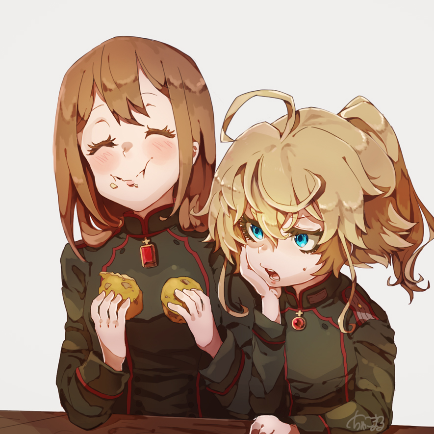 2girls ahoge blonde_hair blue_eyes blush bread brown_hair chakomaru closed_eyes eating food food_on_face gem hand_on_own_cheek military military_uniform multiple_girls ponytail tanya_degurechaff uniform viktoriya_ivanovna_serebryakov youjo_senki