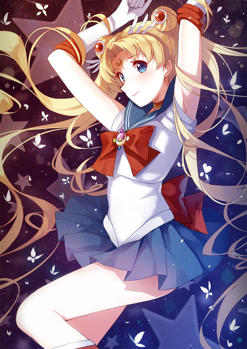 1girl arms_up bishoujo_senshi_sailor_moon bishoujo_senshi_sailor_moon_crystal blonde_hair blue_eyes blush bow brooch butterfly caidychen choker crescent double_bun elbow_gloves gloves hair_ornament jewelry long_hair magical_girl pleated_skirt red_bow red_choker revision sailor_moon school_uniform serafuku skirt solo star tsukino_usagi twintails very_long_hair white_gloves