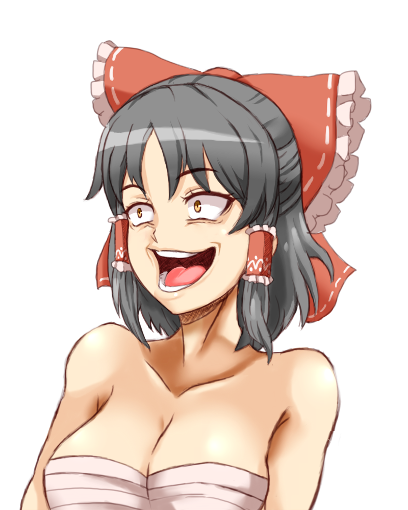 1girl :d bangs bare_shoulders black_hair bow breasts cleavage collarbone commentary_request constricted_pupils cookie_(touhou) eyebrows_visible_through_hair frilled_bow frills gesugao hair_bow hair_tubes hakurei_reimu manatsu_no_yo_no_inmu medium_breasts open_mouth parody red_bow sananana sarashi sidelocks simple_background smile solo tongue touhou upper_body white_background yarumi_(suina) yellow_eyes