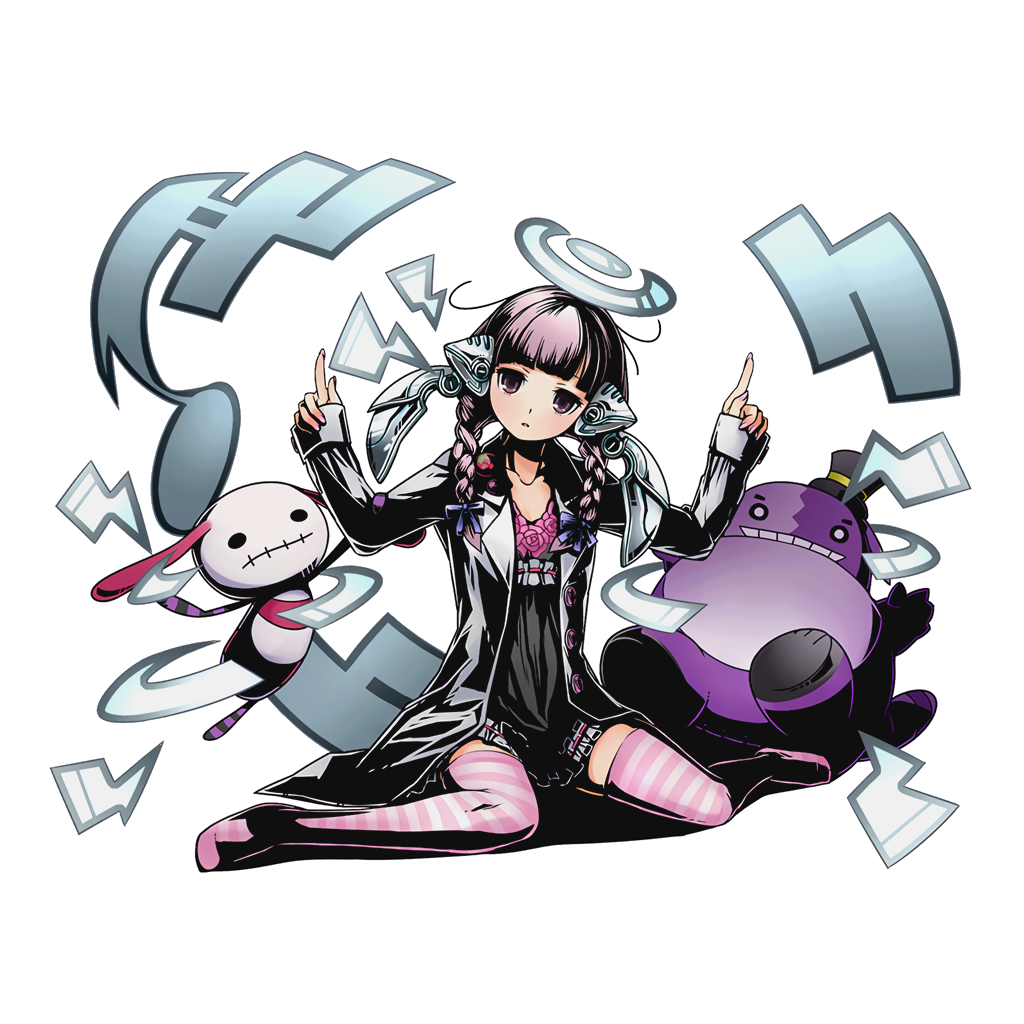 1girl black_dress blue_bow bow braid breasts cleavage collarbone divine_gate dress full_body hair_bow head_tilt index_finger_raised labcoat long_hair looking_at_viewer nail_polish official_art pink_hair pink_legwear pink_nails sitting small_breasts solo striped striped_legwear thigh-highs transparent_background twin_braids ucmm violet_eyes