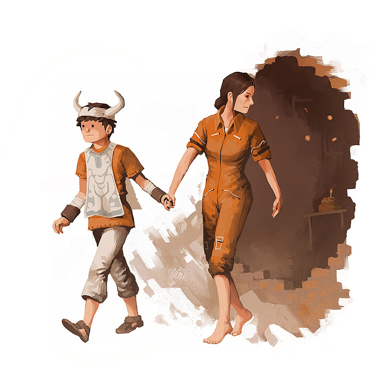 ._. 1boy 1girl barefoot brown_hair cake chell commentary crossover food hand_holding horns ico ico_(character) jumpsuit junkboy parody pastry ponytail portal revision sleeves_rolled_up tabard traditional_media