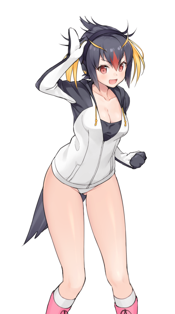 1girl :d black_hair blonde_hair boots breasts cleavage headphones kemono_friends long_hair looking_at_viewer multicolored_hair open_mouth redhead rockhopper_penguin_(kemono_friends) short_hair smile solo tokki