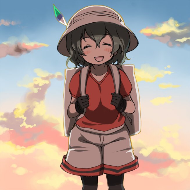 1girl ^_^ backpack bag black_gloves black_hair black_legwear blue_sky blush_stickers bucket_hat closed_eyes clouds cloudy_sky collarbone evening eyebrows_visible_through_hair facing_viewer gloves gradient_sky hair_between_eyes hat hat_feather kaban kawanobe kemono_friends multicolored multicolored_sky open_mouth orange_sky outdoors pantyhose red_shirt shirt short_hair short_sleeves shorts sky smile solo wavy_hair white_hat white_shorts |d
