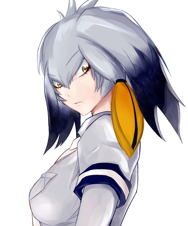 1girl arm_at_side bangs black_hair breast_pocket closed_mouth collared_shirt expressionless eyebrows_visible_through_hair from_side grey_hair grey_shirt hair_between_eyes kemono_friends long_hair long_sleeves looking_at_viewer looking_to_the_side low_ponytail multicolored_hair necktie orange_hair pio_(hei-yo) pocket shirt shoebill_(kemono_friends) short_over_long_sleeves short_sleeves side_ponytail simple_background solo upper_body white_background white_neckwear yellow_eyes