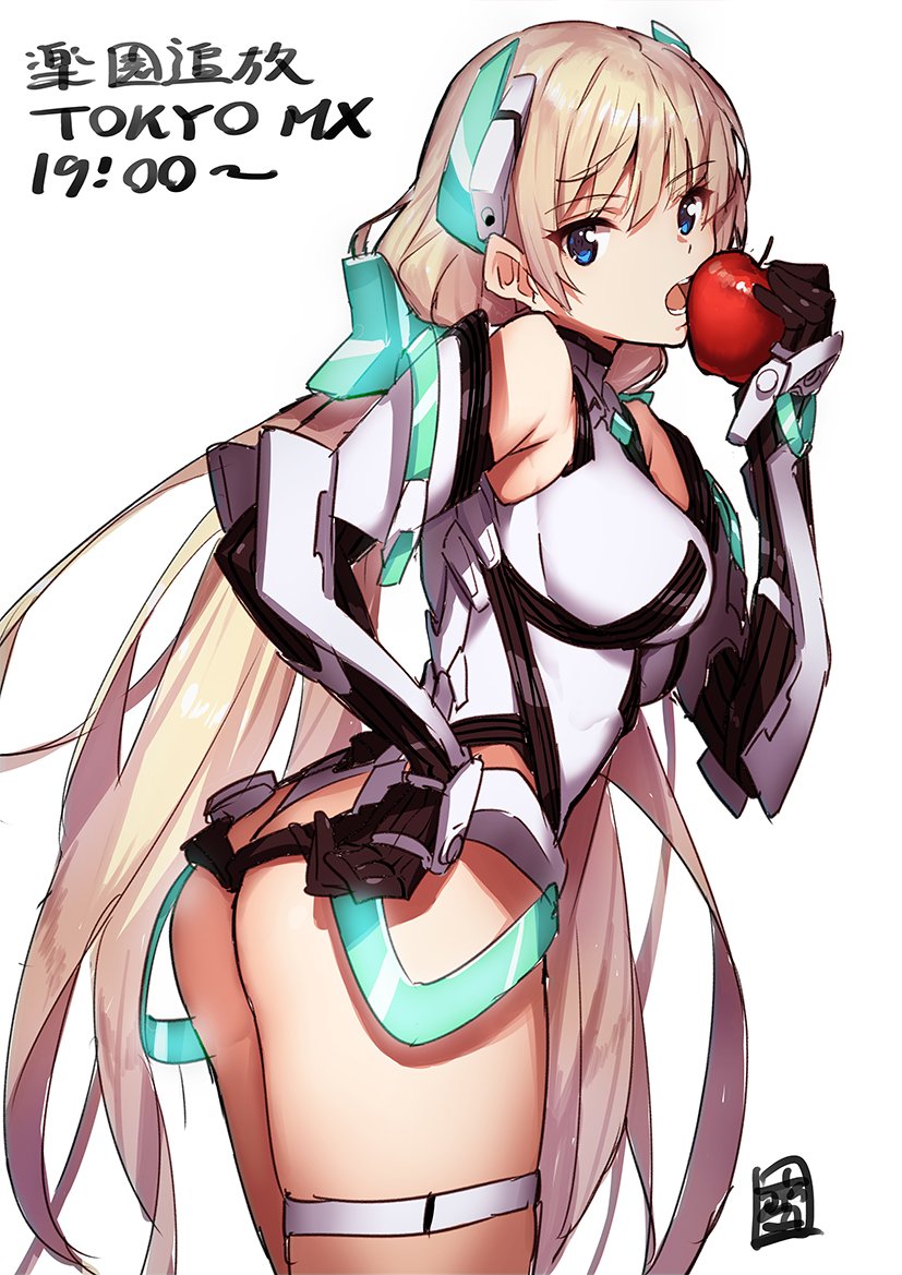 1girl angela_balzac apple ass blue_eyes eating elbow_gloves eyebrows_visible_through_hair food from_side fruit gloves hair_ornament hand_on_hip headgear leaning_forward leotard long_hair looking_at_viewer looking_to_the_side low_twintails open_mouth rakuen_tsuihou saitou_masatsugu shirt simple_background sketch solo thigh_strap twintails very_long_hair white_background