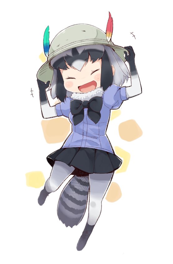 1girl ^_^ ^o^ animal_ears black_bow black_bowtie black_hair black_shirt blush_stickers bow bowtie closed_eyes denchuubou full_body fur_collar gradient_hair green_hair hand_on_headwear happy hat hat_feather kemono_friends multicolored_hair open_mouth pantyhose pleated_skirt puffy_short_sleeves puffy_sleeves raccoon_(kemono_friends) raccoon_ears raccoon_tail shirt short_hair short_sleeves simple_background skirt smile solo tail two-tone_hair white_background