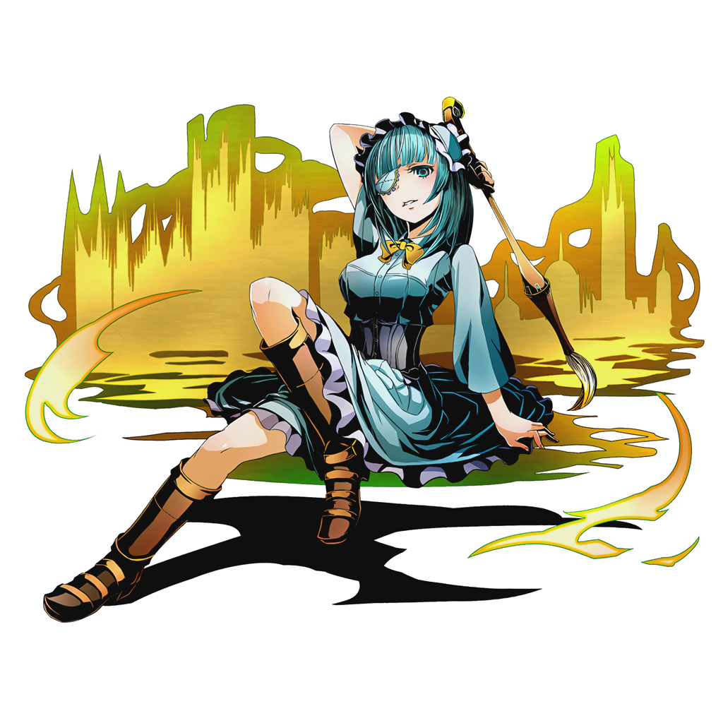 1girl aqua_dress aqua_eyes aqua_hair arm_up boots bow bowtie breasts brown_boots divine_gate dress eyebrows_visible_through_hair full_body headdress holding knee_boots long_hair looking_at_viewer medium_breasts official_art shadow sitting solo transparent_background ucmm yellow_bow