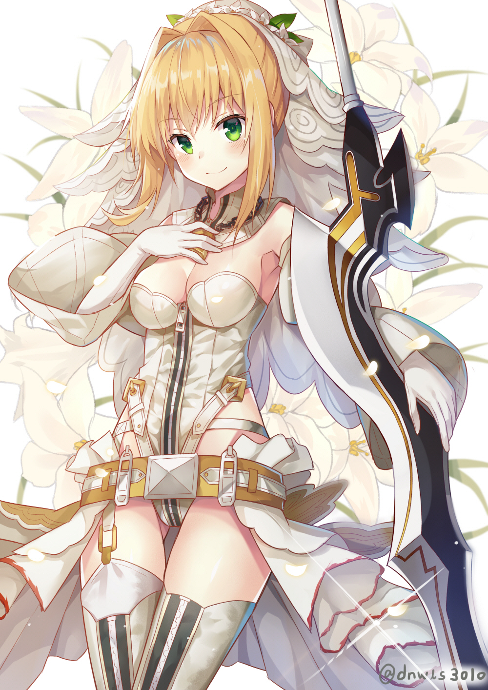 1girl aestus_estus bangs blonde_hair blush boots breasts bridal_veil chains cleavage closed_mouth elbow_gloves eyebrows_visible_through_hair fate/extra fate/extra_ccc fate_(series) floral_background flower flower_wreath gloves green_eyes hair_bun hair_intakes hand_on_own_chest highres holding holding_sword holding_weapon huwali_(dnwls3010) leotard lock looking_at_viewer medium_breasts padlock saber_bride saber_extra short_hair_with_long_locks showgirl_skirt sidelocks smile solo sparkle sword thigh-highs thigh_boots twitter_username veil weapon white_flower white_gloves white_legwear white_leotard zipper