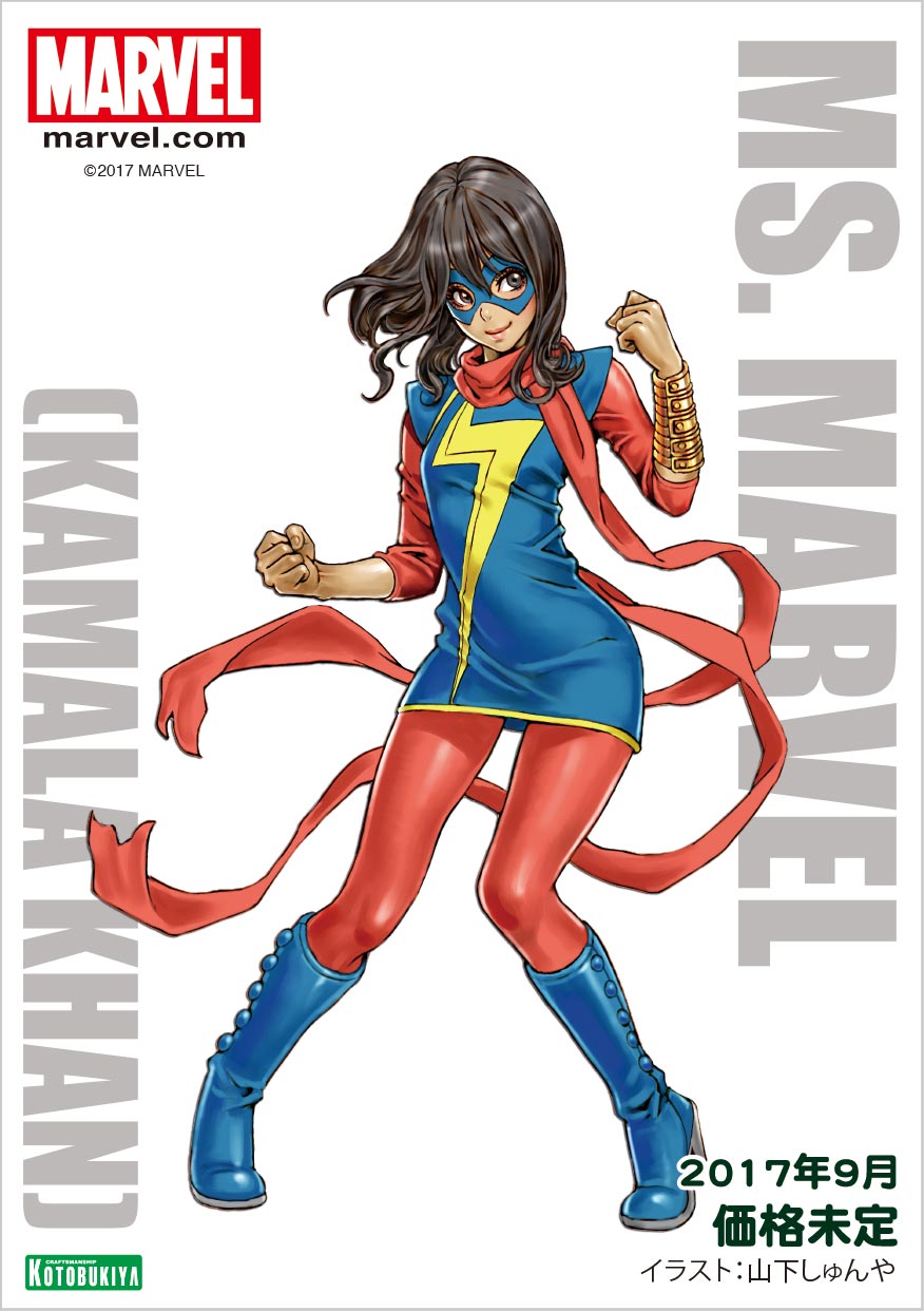 1girl artist_name black_eyes black_hair blue_boots blue_footwear boots character_name clenched_hands closed_mouth copyright_name domino_mask female full_body high_heel_boots high_heels highres kamala_khan logo looking_to_the_side marvel mask ms._marvel pantyhose red_legwear red_pantyhose red_scarf scarf smile solo superhero watermark yamashita_shun'ya