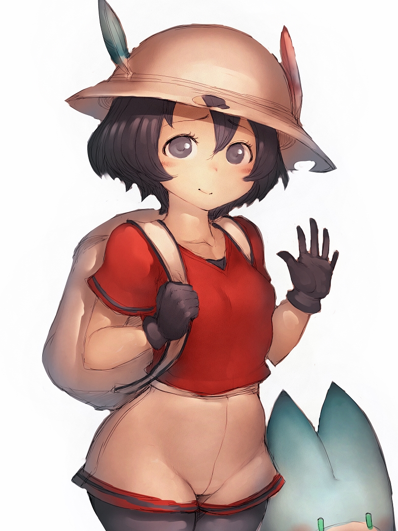 1girl backpack bag black_eyes black_hair breasts fumio_(rsqkr) gloves hat kaban kemono_friends light_smile looking_at_viewer pantyhose short_hair shorts simple_background small_breasts