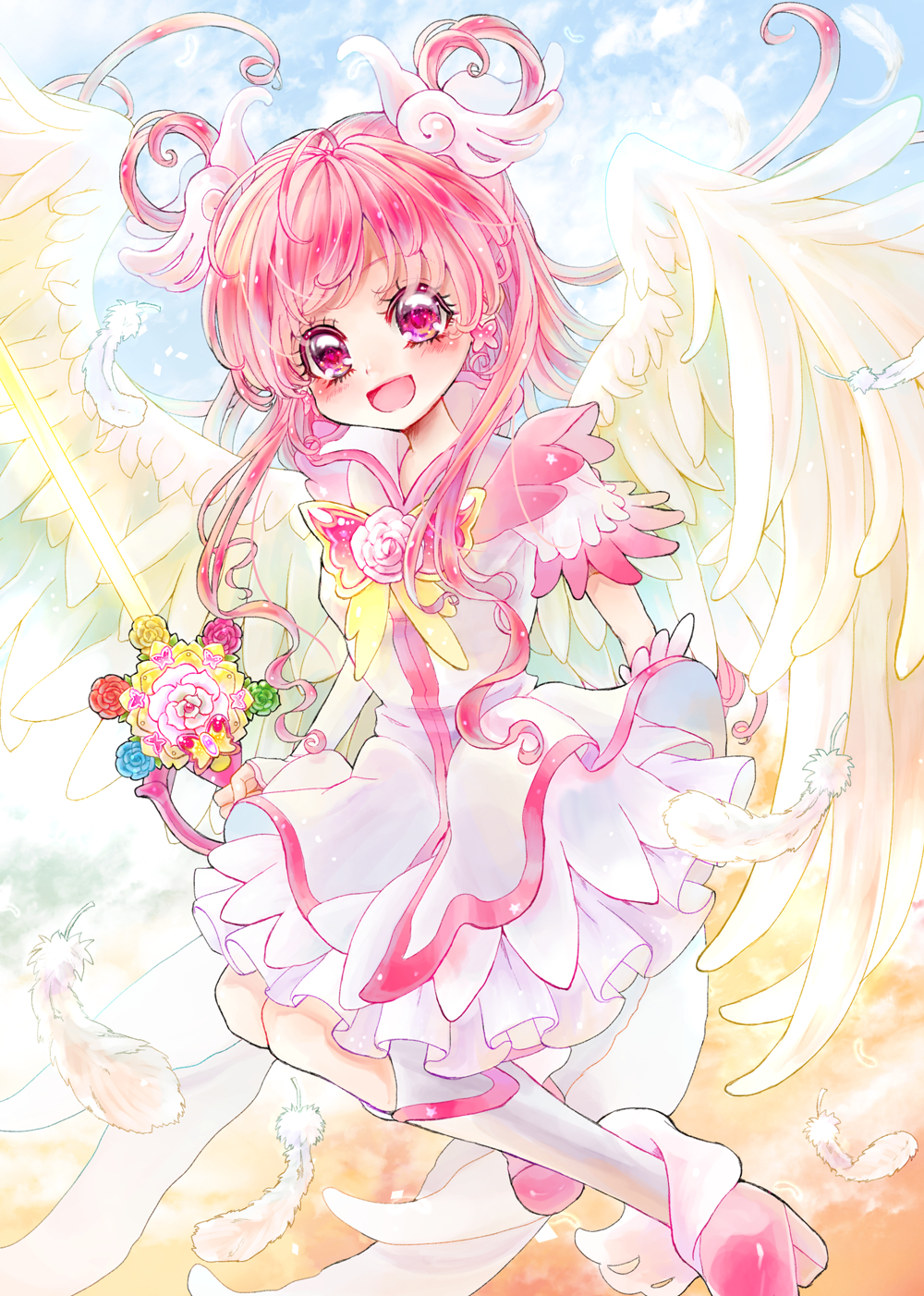 1girl :d aki_(na_uup) angel_wings boots brooch cure_dream cure_fleuret earrings energy_sword feathers flower full_body hair_rings highres holding holding_sword holding_weapon jewelry knee_boots lightsaber long_hair looking_at_viewer magical_girl open_mouth pink_eyes pink_hair pink_rose precure rose shining_dream skirt smile solo sword weapon white_boots white_skirt white_wings wings yes!_precure_5 yumehara_nozomi